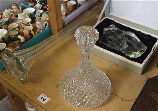Tall glass vase and decanter and boxed glass paper weight